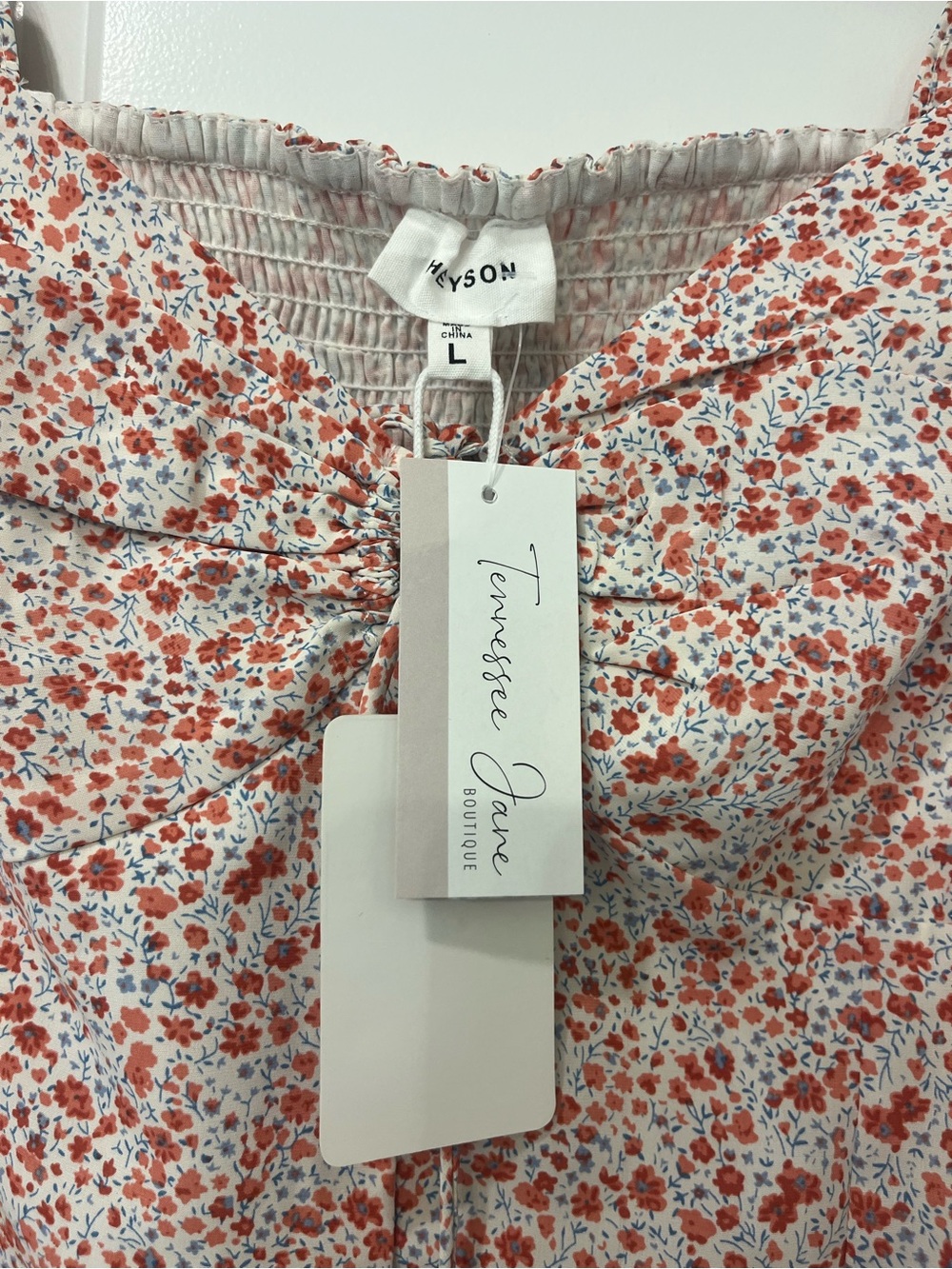 heyson boutique Floral Puff Sleeve Bodysuit in White and Coral large NWT - Picture 6 of 7